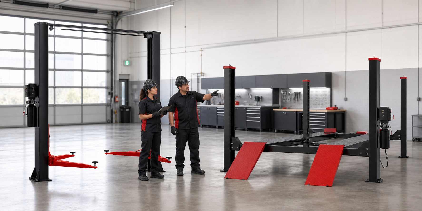 Equipo técnico revisando modelos reales de rampas para estacionamiento